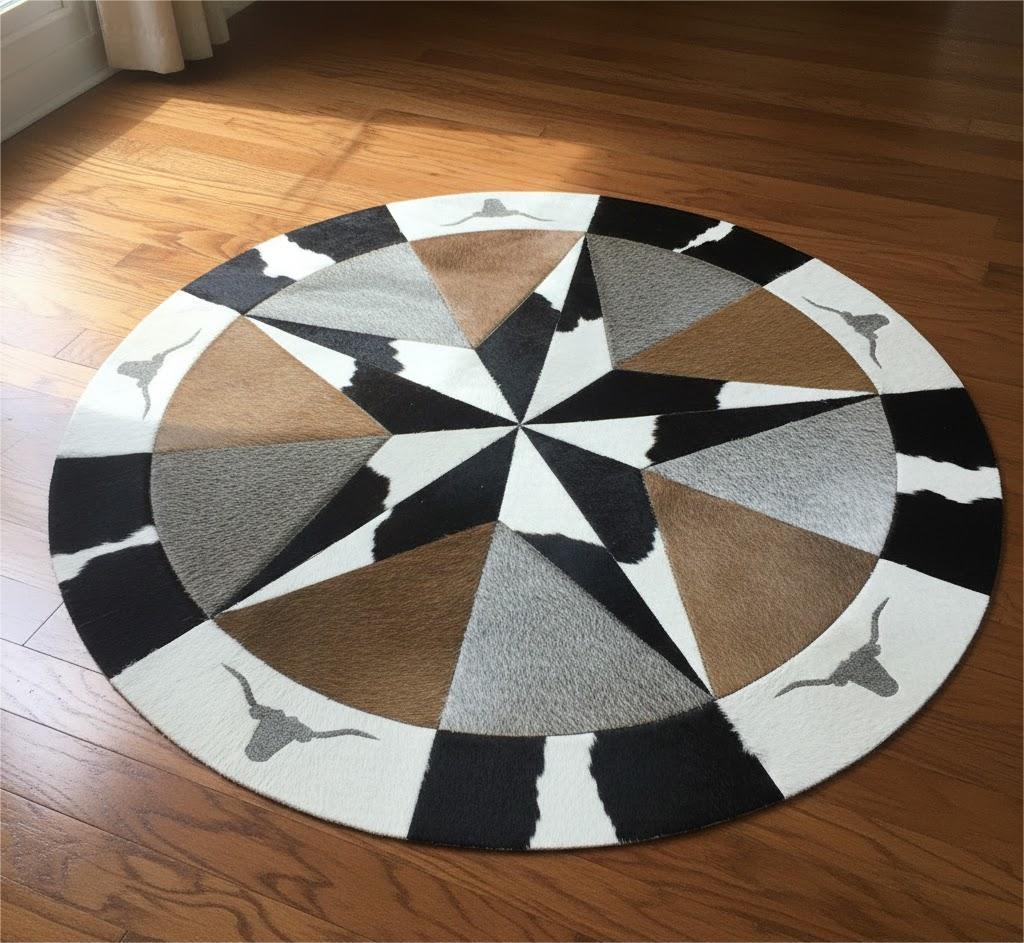 Round Cowhide Patchwork Rug | Star Design | Living Room Decor Carpet | Area Rug | Customization