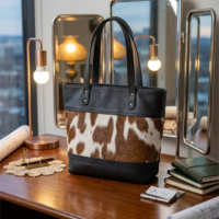 Real Cowhide Hair on Tote Bag Black Leather Brown White Cowhide